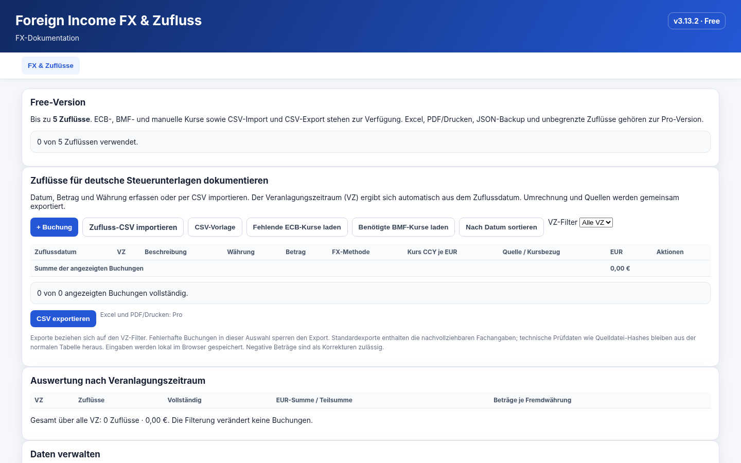 Echter Screenshot der Foreign Income FX Free-Oberfläche mit Zufluss-Tabelle und CSV-Funktionen